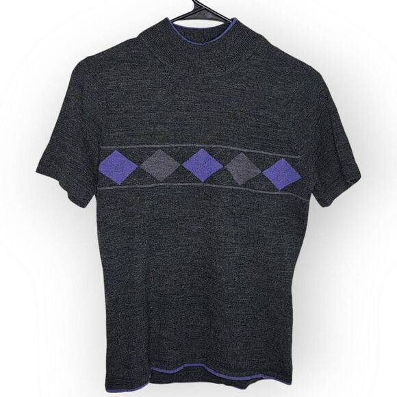 Dressbarn Y2K Women's Mock Neck Sweater Wool Blend Gray Purple Argyle size 6 - Picture 1 of 6
